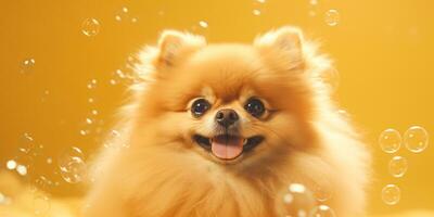 Cute Pomeranian dog surrounded by bubbles on yellow background. Created with Generative AI technology photo