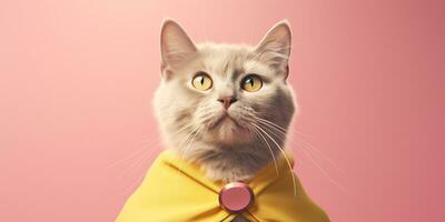 Adorable cat wearing a yellow cape on pink background. Created with Generative AI technology photo