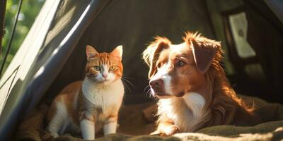 perro y gato disfrutando cámping viaje en un carpa. creado con generativo ai tecnología foto