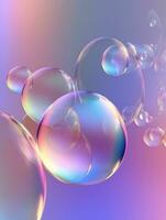 Transparent soap bubbles floating on blue pink gradient background. Created with Generative AI technology photo