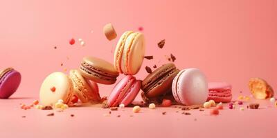 delicioso macarons dispersión con migas en rosado antecedentes. creado con generativo ai tecnología foto