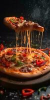 Pizza slice with cheese pull floating on top of a whole pizza. Created with Generative AI technology photo