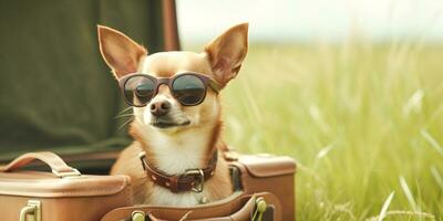 Stylish Chihuahua dog sitting in suitcase and wearing sunglasses outdoor. Created with Generative AI technology photo