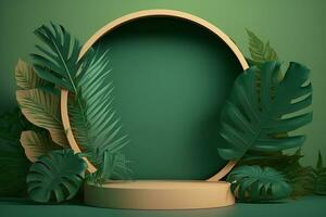 Beige display podium decorated with tropical leaves background template. Created with Generative AI. photo