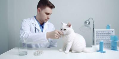 Veterinary examining white cat on the table in the clinic. Created with Generative AI technology photo