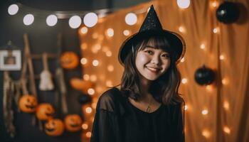 Girl in witch costume in festive decorated Halloween party background. Created with Generative AI technology photo