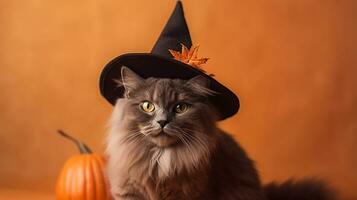 Cat in witch hat on orange background with a pumpkin decoration. Created with Generative AI technology photo