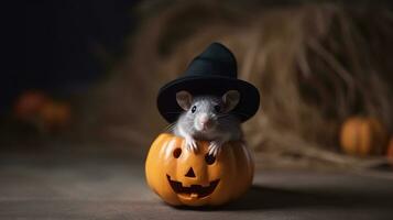 Rat in witch hat sitting on top of a carved jack o lantern pumpkin. Created with Generative AI technology photo