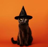 Black cat in witch hat on gradient orange background . Created with Generative AI technology photo