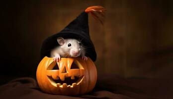 Rat in witch hat sitting on top of a carved jack o lantern pumpkin. Created with Generative AI technology photo