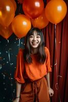 Woman in orange outfit at a party with orange balloons, confetti and curtain in the background. Created with Generative AI technology photo