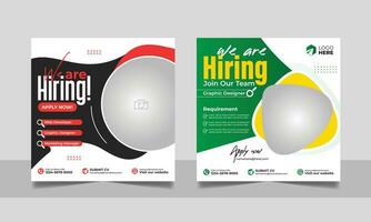 Hiring job vacancy post banner template set. Business we are hiring employee social media square flyer design. vector