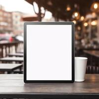 High quality photo of big tablet with blank screen on the table, perfect to create mockup preview