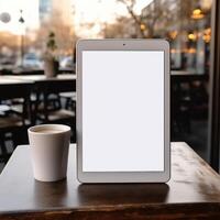 AI Generative High quality photo of big tablet with blank screen on the table, perfect to create mockup preview