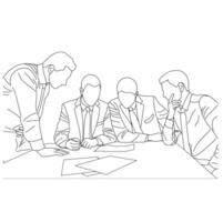 Office workers at business meeting. Business people having discussion in conference room Line art drawing isolated on white background. vector