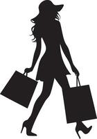 compras niña vector silueta ilustración, contento compras mujer