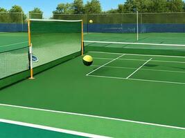 Pickleball court. Racket and ball at the net. Ai generated photo