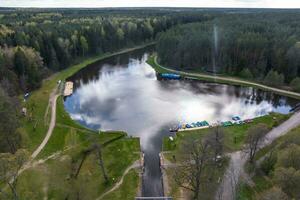 panorama aerial view over lake among forest photo