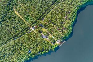 panorama aerial view over lake among forest photo