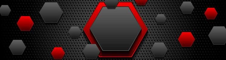 Red and black glossy hexagons on dark perforated background vector