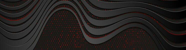 Black curved refracted waves and red dots abstract banner vector