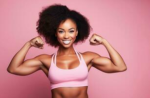 Ai generative.  Young beautiful african american showing her strong muscle photo