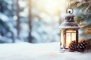 ai generativo. Navidad linterna en nieve con abeto rama en desenfocado bosque con bokeh antecedentes foto