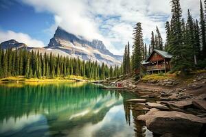 Ai generative. A beautiful mountain lake in the middle of the forest photo