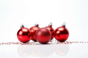 Ai generative.  Red Christmas balls with decoration photo