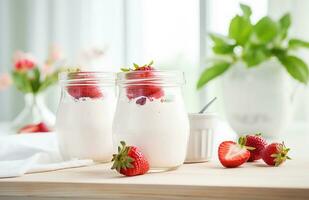 Ai generative.  Jars of strawberry yogurt photo