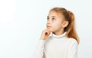 Ai generative.  Clever pretty  blond little girl look up thoughtful photo