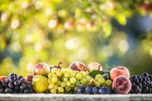 Ripe fruits lie in a line on a garden table. Nice bokeh of garden trees as background photo