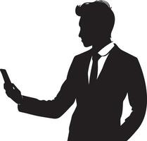 Business man Stand with cellphone vector silhouette