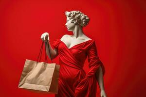 Antique plaster sculpture of a woman in a dress with shopping bags on a red plain background. Creative shopping and sales concept. AI Generated photo