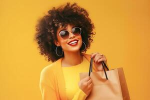 stylish african american woman with shopping bags on a yellow plain background.Shopping. AI Generated photo