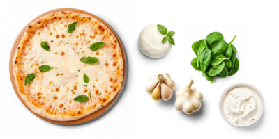 blanco Pizza con ingredientes, ricotta queso, queso Mozzarella queso, ajo, espinaca, alimento, en transparente antecedentes png
