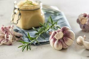 Homegrown garluc bulbs in front of a glass jar full of fresh garlic paste laid on kitchen cloth with rosemary photo