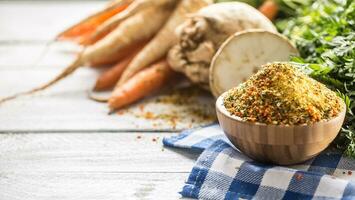 Seasoning spices condiment vegeta from dehydrated carrot parsley celery parsnips and salt with or without glutamate photo