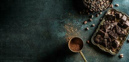 Dark chokolate cocoa beans and powder on concrete table photo