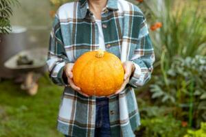 Bright ripe pumpkin in women's hands. Concept autumn harvest, Halloween party, Thanksgiving day. photo