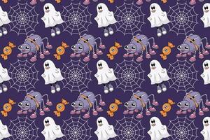 Funny groovy style pattern. Halloween holiday, event. Seamless pattern with ghost, candy and spiders, spider web, purple background. groovy style, cartoon style vector