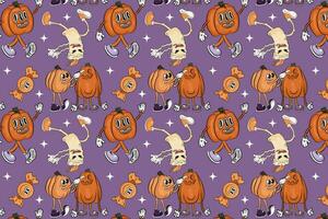 Groovy style pattern. Halloween holiday, event. Seamless pattern with spiders, spider web, purple background. groovy style, cartoon style vector