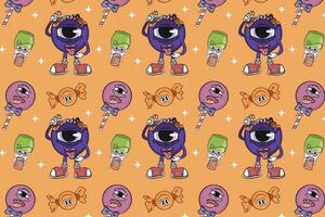 Halloween groovy style pattern. holiday, event. Seamless pattern with candy, sweets, eye, bottle of poison, orange background. groovy style, cartoon style vector