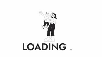 Mother throwing kid in air black and white loading animation. Single mom holding daughter outline 2D cartoon characters 4K video loader motion graphic. Parent child playing waiting animated gif