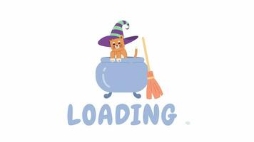 Witch hat cat leaping out of cauldron 2D loading animation. Halloween kitten witchcraft animated cartoon character 4K video loader motion graphic. Magic potion boiling download, upload progress gif