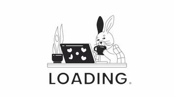 söt kanin dricka te på bärbar dator svart och vit läser in animation. fluffig kanin innehar kopp översikt 2d tecknad serie karaktär 4k video lastare rörelse grafisk. anime söt djur. mysigt väntar animerad gif