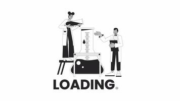 Lab technicians conducting chemical experiment bw loading animation. STEM students outline 2D cartoon characters 4K video loader motion graphic. Pour liquid animated gif isolated on white background