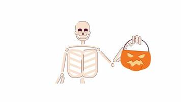 Skelett Süßes oder Saures 2d Charakter Animation. glücklich Halloween eben Karikatur 4k Video, transparent Alpha Kanal. grinsend Schädel halten Kürbis Korb animiert Persönlichkeit auf Weiß Hintergrund video