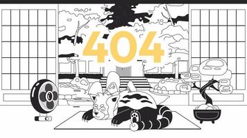 sovande röd panda i japansk Hem bw fel 404 animation. sommar fel meddelande gif, rörelse grafisk. fläkt blåser på söt djur- animerad karaktär översikt 4k video isolerat på vit bakgrund