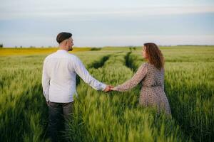Couple in love on green field of wheat photo
